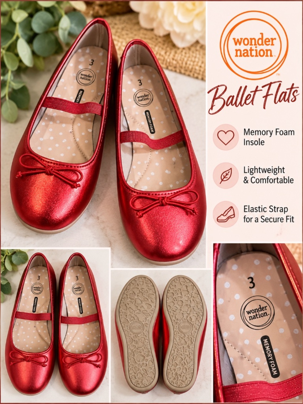 ✨ Wonder Nation Girls Metallic Red Ballet Flats – Size 3 – New With Tags ✨